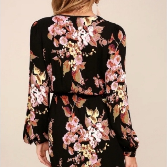 Lulus In Bloom Black Floral Long Sleeve Wrap Mini Dress - Picture 2 of 10
